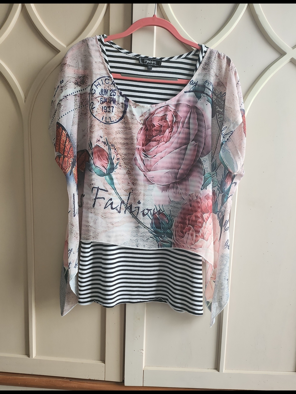 Minkas Ladies Pink Floral Layered Blouse with Striped Hem
